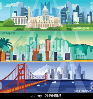 American Cityscapes Flat Konzept. USA Sights Horizontale Banner. US-Städte Vektorgrafik. Amerika Und Städte Isoliert Gesetzt. American Cityscapes D Stock Vektor