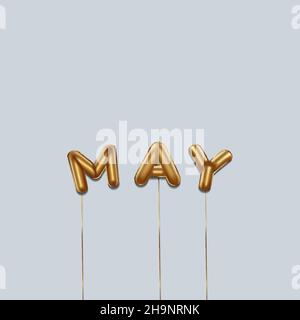 Kann mit Goldballons aus Folie geschrieben. Mai-Schriftzug mit realistischen Goldballons. Mai Typografie. Isoliertes Vektordesign Stock Vektor