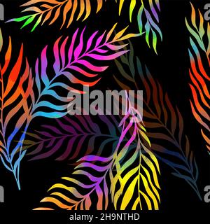 Nahtloser Hintergrund von bunten Palmblättern. Auf schwarzem Hintergrund. Vektorgrafik Stock Vektor