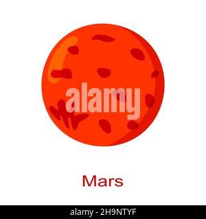 Mars-Planet-Symbol mit Namen isoliert auf weißem Hintergrund. Vierter Planet von der Sonne im Sonnensystem. Universumselement. Kinder planetarisch. Vektorgrafik Cartoon-Illustration. Stock Vektor