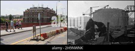 Warszawa 2009-07-06. Trasa WZ. /bpt/ PAP/Pawe³ Supernak Warszawa, 1949-01. Budowa mostu Œl¹sko-D¹browskiego na Trasie Wschód-Zachód. W ie budynek fabrikki Schicht-Lever S.A. przy ul. Nowy Zjazd 1. Dok³adny dzieñ wydarzenia nieustalony. bk PAP Warschau, Januar 1949. Der Bau der Slasko-Dabrowski-Brücke auf der W-Z-Route (Ost-West). Von links das Gebäude des Werks Schicht-Lever S.A. in der Nowy Zjazd Straße 1. bk PAP Stockfoto