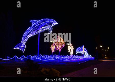 Sewastopol Krim 24. Dezember 2020. Neujahrsdekorationen der Stadt. Helle festliche Lichter funkeln in der Nachtstadt. Neonzeichnungen von Delfinen. Der Stockfoto