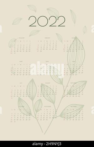 2022 Kalender mit handgezeichneten Blättern und Zweigen, Planer-Organizer-Vorlage im grünen natürlichen Öko-Stil, vertikales Format. Stock Vektor