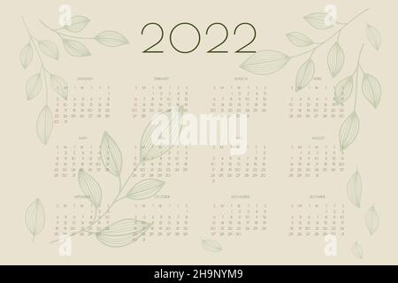 2022 Kalender mit handgezeichneten Blättern und Zweigen, Planer Organizer Vorlage in grün natural Eco Stil . Stock Vektor