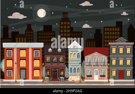 Vector Nachtstraße mit Häusern in der Stadt. Cartoon-Illustration mit Innenstadt und Bereich mit Wohngebäuden der Hintergrund ist in einem flachen Stil Stock Vektor