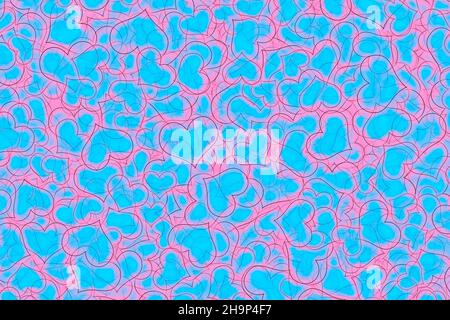 Abstrakte Darstellung von Schichten unterschiedlicher Größe rosa und blauen Herzen. Liebeskonzept. Stockfoto