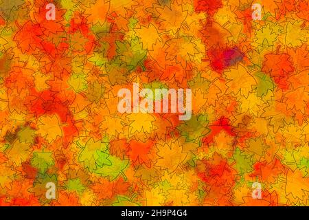 Abstrakte Darstellung von Schichten unterschiedlicher Größe Ahornblätter in Orange und Grün. Herbstkonzept. Stockfoto