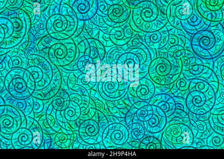 Abstrakte Darstellung von Schichten unterschiedlicher Größe Spiralen auf einem pastellgrünen und blauen Hintergrund Stockfoto