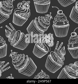 Nahtloses Muster mit Cupcakes auf dunkelgrauem Hintergrund. Vektorgrafik. Stock Vektor