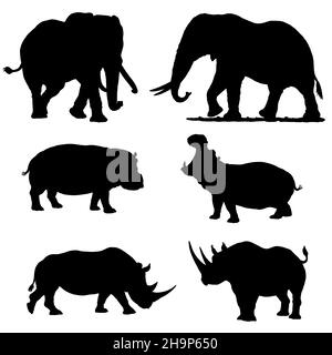 Set mit afrikanischen Tieren. Silhouette von Elefant, Nashorn und Nilpferd. Digitale Illustration. Stockfoto