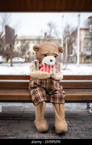 Ein Plüschtier-Bär sitzt auf einer Bank mit einem Smartphone in den Händen. Stockfoto