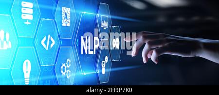 NLP Natural Language Processing Konzept. Neuronales Netzwerk der künstlichen Intelligenz. Stockfoto