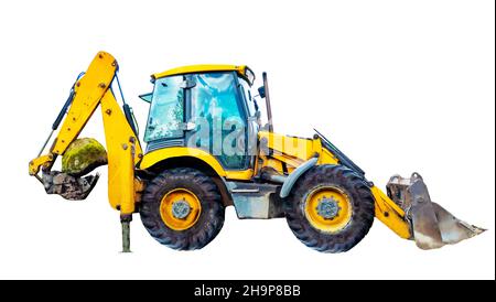 Ein großer, gelber, multifunktionaler Radtraktor, isoliert auf weißem Hintergrund. Stockfoto