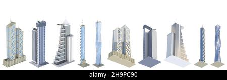 Set aus High-Detail-Hightech-Gebäuden mit fiktionalem Design und blauem Himmel Reflexion - isoliert, verschiedene Seiten Ansicht 3D Abbildung von Wolkenkratzern Stockfoto