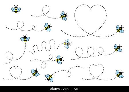 Cartoon Bee Fliegen auf einer gepunkteten Route. Vektordarstellung auf Hintergrund isoliert. Stock Vektor
