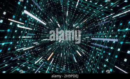 Cyber Square Tunnel mit Neonstreifen. Animation. Hypnotische Wirkung des Tauchens in Cyber-Raum durch Tunnel mit Neonstreifen und Strom von leuchtenden li Stockfoto