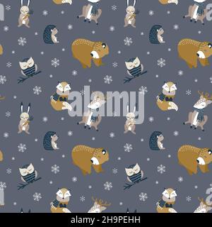 Winter Hintergrund mit niedlichen Waldtiere und Schneeflocken. Weihnachtliches Nahtmuster. Vektorgrafik. Stock Vektor