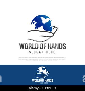 Logo Design Illustration eine Hand hält die Welt Vektor template.Symbol.icon, Globus Stock Vektor