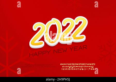 Rote Grußkarte Frohes neues Jahr. Sticker Stil Kalender Datum auf rotem Gradienten Hintergrund mit Schneeflocken. Es sind zwei Vektorschriftensätze enthalten. Stock Vektor