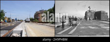 Warszawa 2009-07-06. Trasa WZ. /bpt/ PAP/Pawe³ Supernak Warszawa, 1949-03. Budowa Trasy W-Z (Trasa Wschód-Zachód). NZ. prace drogowe na wiadukcie, którym poprowadzono Trasê W-Z na odcinku od wschodniego wylotu tunelu pod placem Zamkowym do mostu Œl¹sko-D¹browskiego; w g³êbi praski brzeg Wis³y; z prawej gmach przy ulicy Nowy Zjazd 1. mta PAP Dok³adny dzieñ wustaldarzenia nieony. Warschau, März 1949. Der Streckenbau W-Z (Ost-West). Im Bild: Straßenbau an der Überführung, gegenüber der die W-Z-Strecke auf der Strecke zwischen dem östlichen Berg des Tunnels unter dem Zamkow geführt wurde Stockfoto