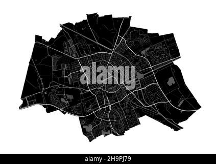 Karte von Groningen. Detaillierte Vektorkarte des Verwaltungsgebiets der Stadt Groningen. Blick auf das Stadtbild mit Postern und die Arie der Metropole. Schwarzes Land mit weißen Straßen, Straße Stock Vektor