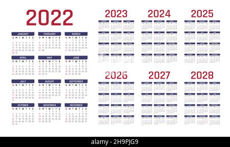 2022-2028 englischer Kalender. Kalender 2022. Kalender 2023. Kalender 2024. Kalender 2025. Kalender 2026. Kalender 2027.Kalender 2028. 2022-2028 Almanach. Stock Vektor