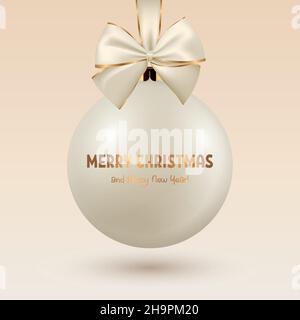 Vektor realistische 3D Weiß oder Beige Weihnachtsglas Ball mit Seidenschleife und Golden Print Nahaufnahme. Design-Vorlage von Weihnachten und Neujahr Baum Spielzeug Stock Vektor