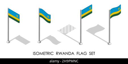 Isometrische Flagge der Republik RUANDA in statischer Position und in Bewegung auf Fahnenmast. 3D Vektor Stock Vektor