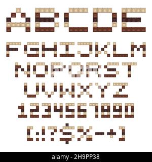 Schokoladenalphabet, Buchstaben, Zahlen und Zeichen. Satz isolierter Vektorobjekte auf weißem Hintergrund. Stock Vektor