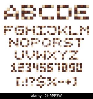 Schokoladenalphabet, Buchstaben, Zahlen und Zeichen. Satz isolierter Vektorobjekte auf weißem Hintergrund. Stock Vektor