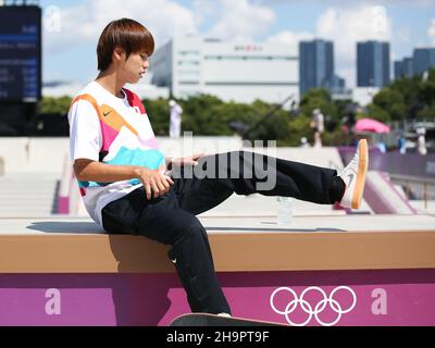 25th. JULI 2021 - TOKIO, JAPAN: HORIGOME Yuto aus Japan in Aktion während der Skateboarding Men's Street Vorbereitungen bei den Olympischen Spielen 2020 in Tokio (Foto Stockfoto