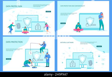 Set von Landing-Webpage-Vorlagen für Sicherheits- und vertrauliche Datenschutzkonzepte. Sicherheitsmann mit Schutzschild schützt Netzwerkdaten. Vektorgrafik Stock Vektor