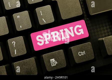 Konzeptionelle Bildunterschrift Frühling. Geschäftsidee die Jahreszeit nach dem Winter, in der Vegetation beginnt zu erscheinen Typing New Academic Lessons, Creating Lecture Stockfoto
