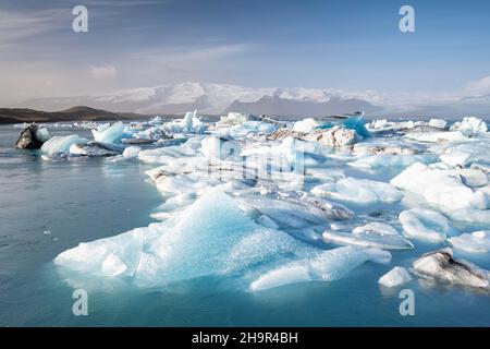 Joekulsarlon Glacier Lagoon, Eisberge mit Gletscher, Vatnajoekull National Park, Hornafjoerour, Südisland, Island Stockfoto