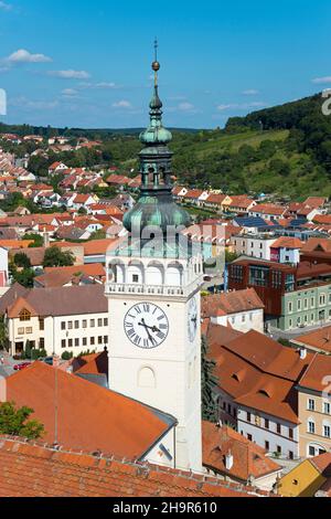 Blick vom Grenzturm des Schlosses auf die Altstadt mit der St.-Wenzelskirche, Mikulov, Nikolsburg, Breclav-Bezirk, Jihomoravsky-Region Stockfoto