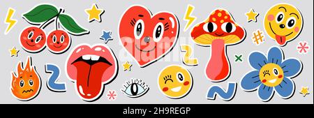 Abstrakte Formen, lustige komische niedliche Charaktere und Kritzeleien Aufkleber Patches Abzeichen. Set mit trendigen, modernen Emoticons. Vektorgrafik. Stock Vektor
