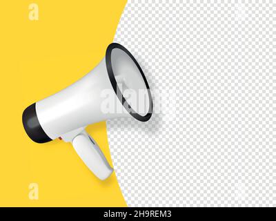 Vektorverkauf, Ankündigung, Hot News Banner Design-Vorlage mit 3D realistischem weißen Megaphon und Sprechblase auf gelbem Hintergrund. Einkaufen Stock Vektor