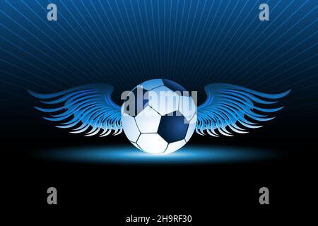 Emblem des Fußballballs mit Flügeln auf schwarzem Hintergrund. Vorlage für Fußballveranstaltungen. Vektorgrafik. Stock Vektor