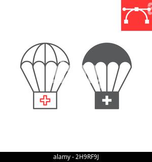 Fallschirm mit erste-Hilfe-Kit Linie und Glyphen-Symbol, medizinische Box und Notfall, humanitäre Hilfe Vektor-Symbol, Vektorgrafiken, editierbare Schlaganfall Umriss Zeichen, eps 10. Stock Vektor