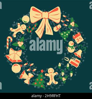 Frohe Weihnachten und ein glückliches Neues Jahr Grußkarte mit Weihnachtskranz aus festlichen Elementen Stock Vektor