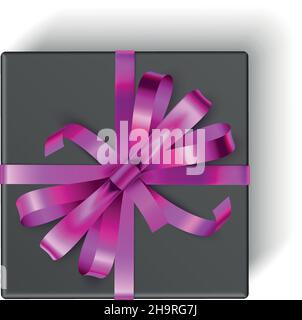 Geschenkbox Draufsicht. Realistisches Schwarz präsent mit rosa Band Stock Vektor