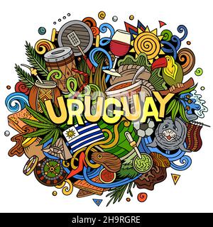 Uruguay handgezeichnete Cartoon Doodle Illustration. Komisches lokales Design. Kreativer Vektorhintergrund. Handgeschriebener Text mit lateinamerikanischen Elementen und Objekten Stock Vektor