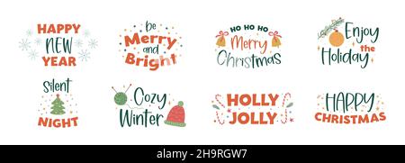 Sammlung von handgeschriebenen Weihnachtsschriftschriften mit handgezeichneten Weihnachtsdekorationen - Stechblätter, leichte Girlande, Kerzen, gestrickte Socken und Geschenke Stock Vektor