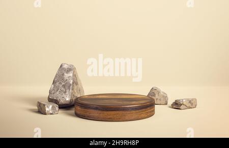 Werbepodest aus Holz. Zylinder Plattform Schaufenster auf sauberem Hintergrund mit Felsen. Produktdisplay aus Holz. 3D Rendern. Stockfoto