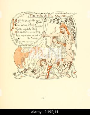 Der Mann und die Schlange aus den Drillingen : die Oper des Babys, der Blumenstrauß des Babys und die eigene Æsop ( Aesp ) sind die in Reimen kondensierten Fabeln mit tragbaren Moralen, die von Walter Crane bildhaft dargestellt werden. Von Walter Crane, Lucy Crane und Edmund Evans in Farben graviert und gedruckt, Veröffentlicht 1899 Stockfoto