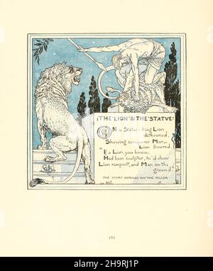Der Löwe und die Statue aus den Drillingen : bestehend aus der Oper des Babys, dem Strauß des Babys und der eigenen Æsop ( Aesp ), wobei die Fabeln in Reimen kondensiert sind, mit tragbaren Moral, die von Walter Crane bildhaft dargestellt wird. Von Walter Crane, Lucy Crane und Edmund Evans in Farben graviert und gedruckt, Veröffentlicht 1899 Stockfoto
