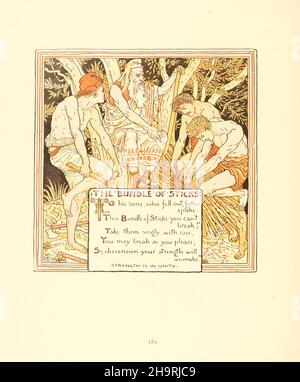 Das Paket der Stäbchen aus Triplets : bestehend aus der Oper des Babys, dem Blumenstrauß des Babys und der eigenen Æsop ( Aesp ), wobei die Fabeln in Reimen kondensiert sind, wobei die tragbare Moral von Walter Crane bildhaft dargestellt wird. Von Walter Crane, Lucy Crane und Edmund Evans in Farben graviert und gedruckt, Veröffentlicht 1899 Stockfoto