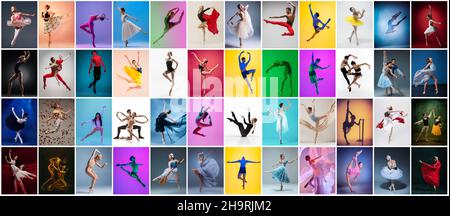 Fotoset aus Porträts weiblicher und männlicher Balletttänzer, die isoliert auf einem bunten Hintergrund in Neonlicht tanzen. Stockfoto