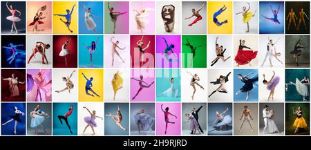 Art Collage aus Porträts weiblicher und männlicher Balletttänzer in Bühnenkostümen, die isoliert auf einem bunten Hintergrund in Neonlicht tanzen. Stockfoto
