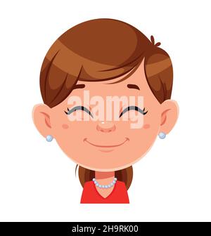 Gesichtsausdruck einer hübschen Frau, lächelnd. Weibliche Emotionen. Nette Dame Zeichentrickfigur. Vektorgrafik auf weißem Hintergrund Stock Vektor